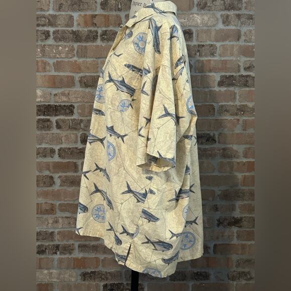 Vintage Columbia Men's Short Sleeve Shirt Fish compass Map Print Size XL cream - Picture 3 of 9